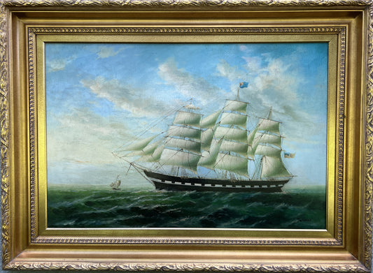 Large Vintage Maritime Oil Painting Clipper Ship Signed Sanders, Gorgeous Frame