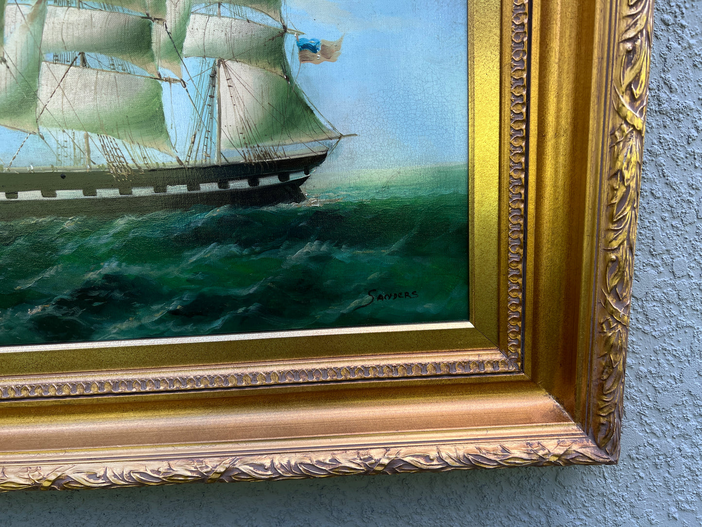 Large Vintage Maritime Oil Painting Clipper Ship Signed Sanders, Gorgeous Frame