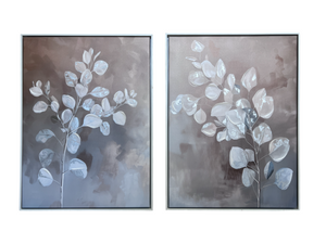 Set of Two Framed Textured Canvas Art Prints – White Botanical Leaf Design