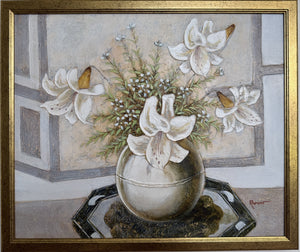 Vintage Ramon Textured Floral Still Life Painting Lilies Framed Canvas Art