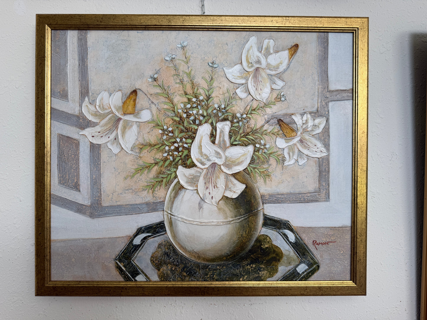 Vintage Ramon Textured Floral Still Life Painting Lilies Framed Canvas Art