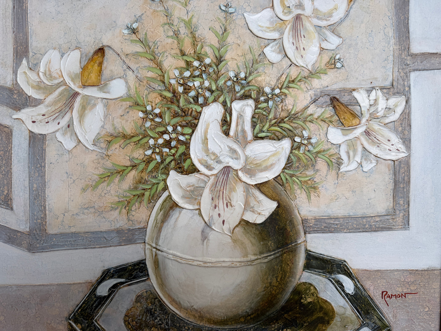 Vintage Ramon Textured Floral Still Life Painting Lilies Framed Canvas Art