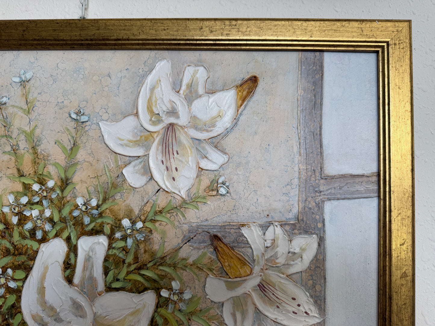 Vintage Ramon Textured Floral Still Life Painting Lilies Framed Canvas Art