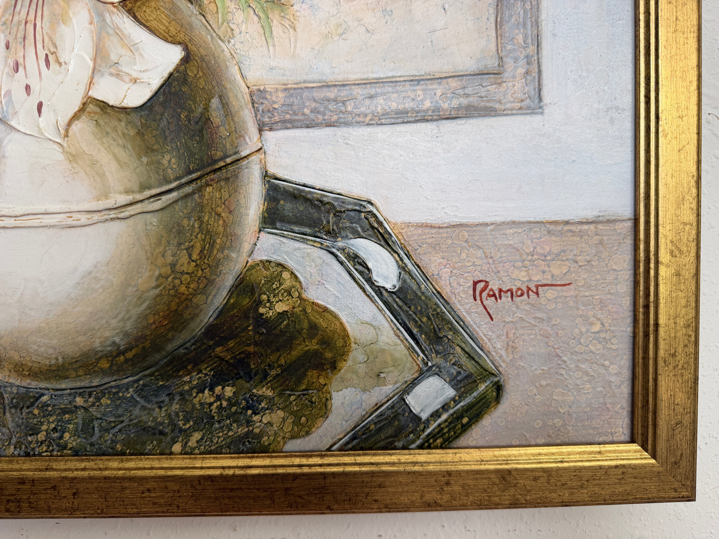 Vintage Ramon Textured Floral Still Life Painting Lilies Framed Canvas Art