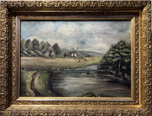 Original Antique oil painting on canvas, Rural Landscape, Unsigned, Gold Frame