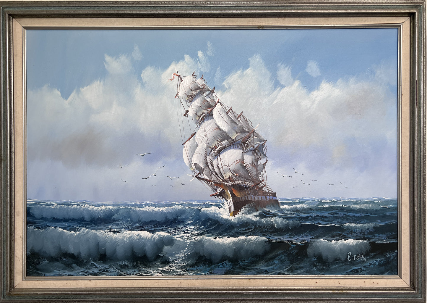 R.Boren original oil painting framed sailing ship seascape