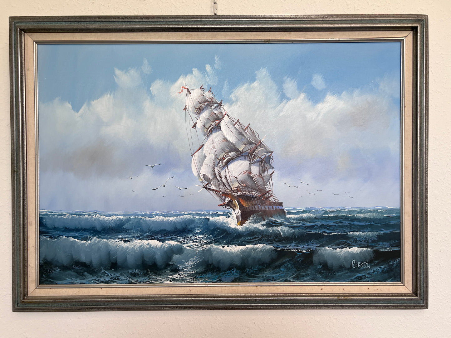 R.Boren original oil painting framed sailing ship seascape