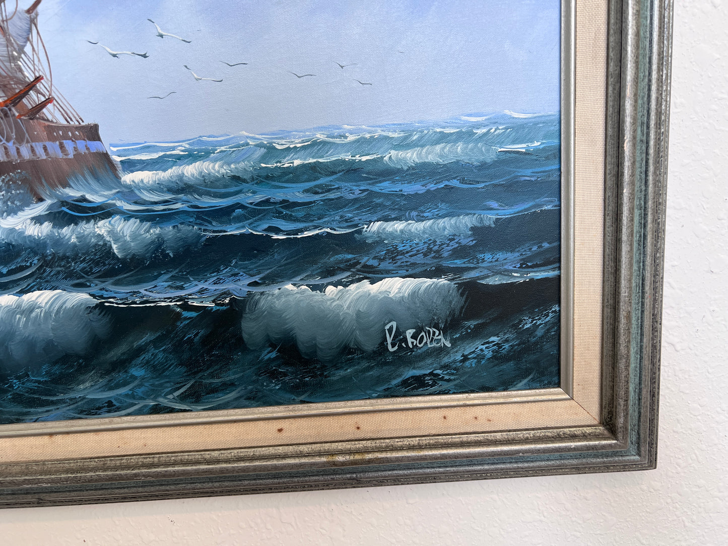 R.Boren Large Original Oil Painting on Canvas Sailing Ship Ocean Seascape Framed