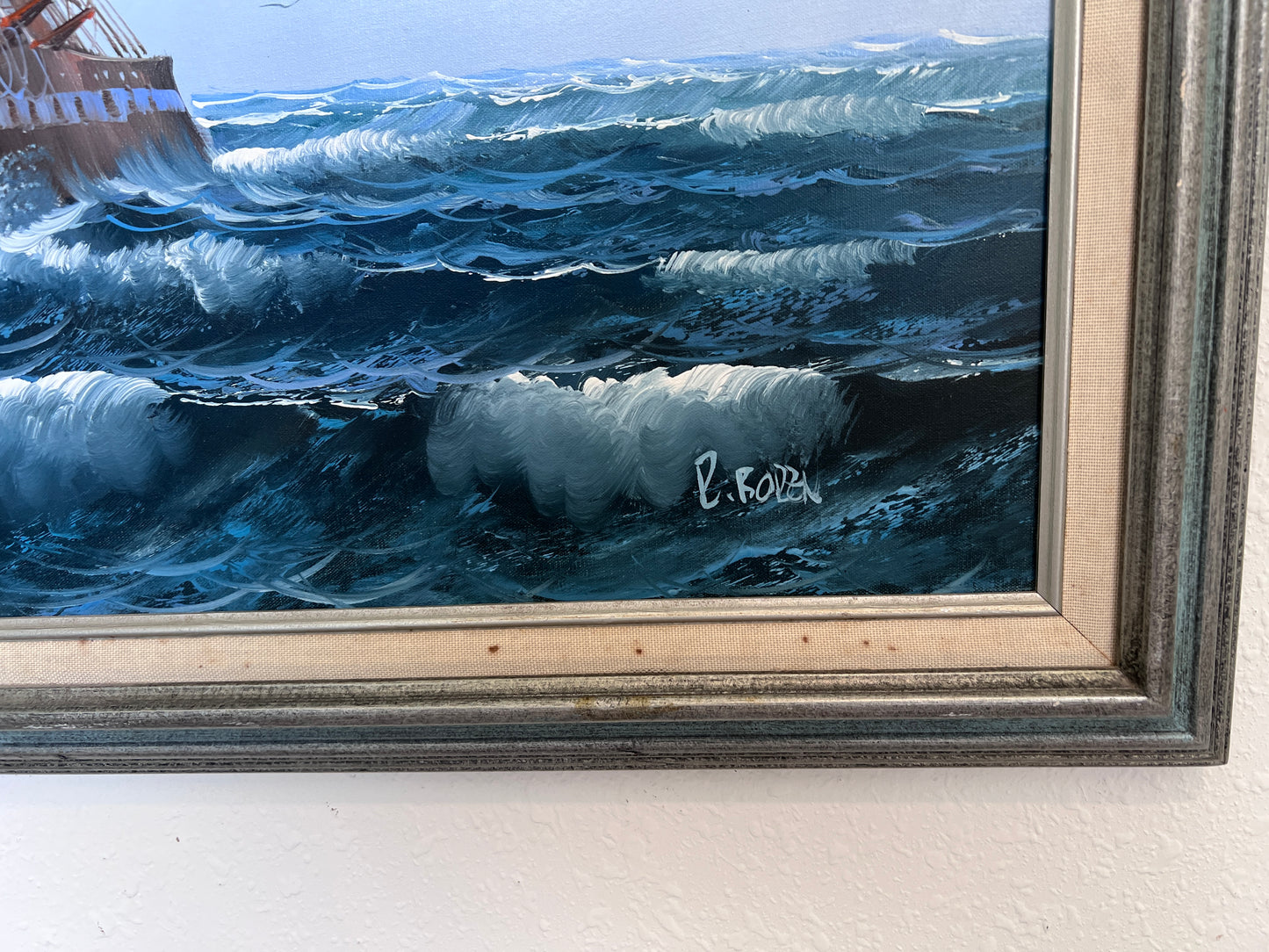 R.Boren Large Original Oil Painting on Canvas Sailing Ship Ocean Seascape Framed