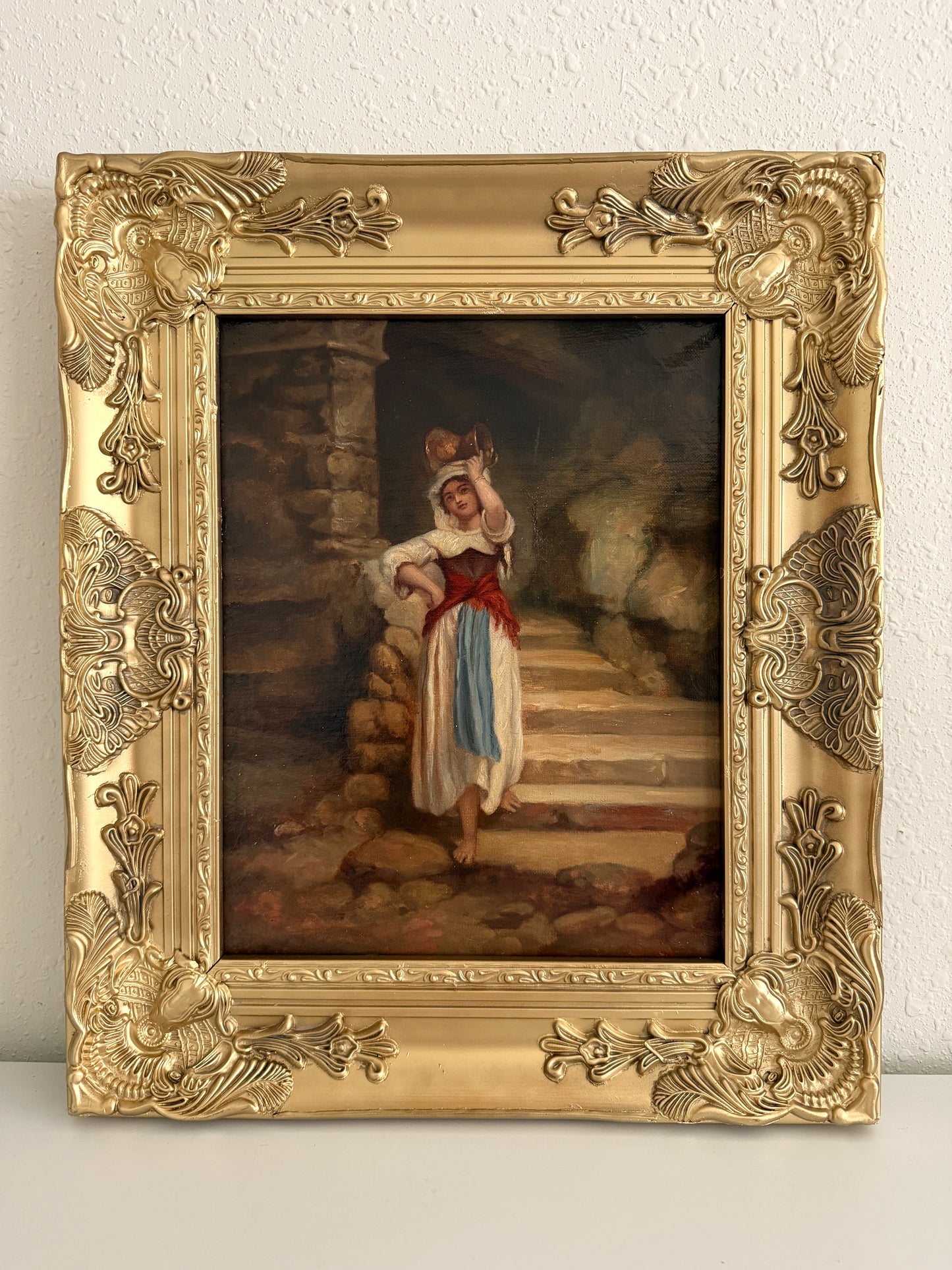 Antique Italian Oil Painting Peasant Woman Portrait 19th C. Signed Genre Art