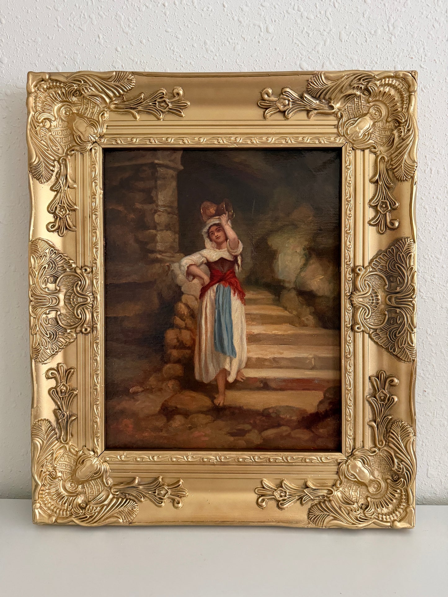 Antique Italian Oil Painting Peasant Woman Portrait 19th C. Signed Genre Art