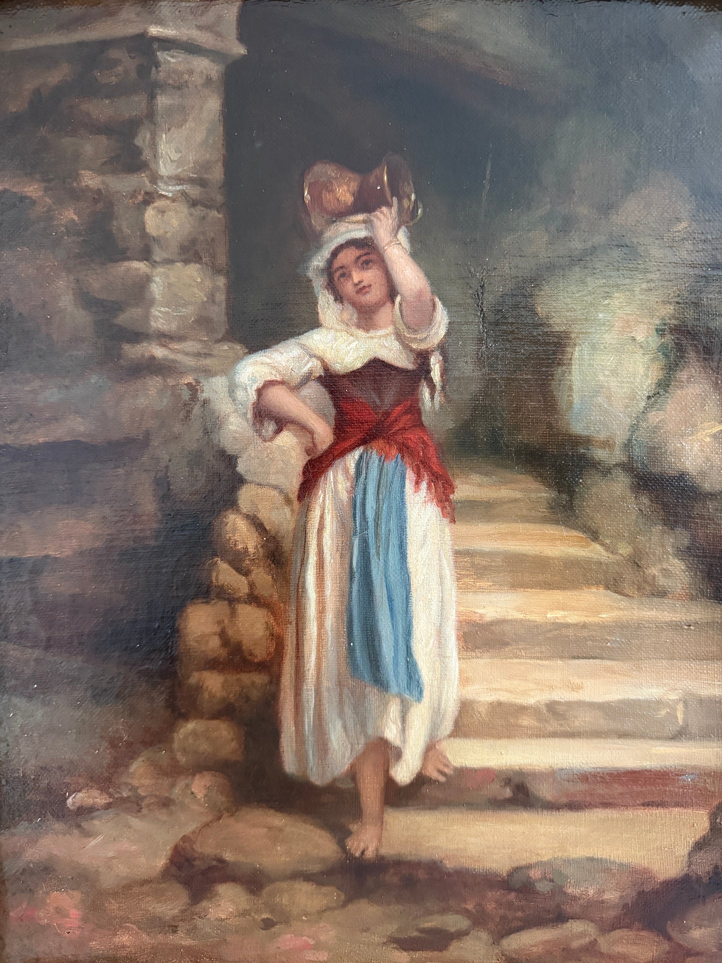 Antique Italian Oil Painting Peasant Woman Portrait 19th C. Signed Genre Art