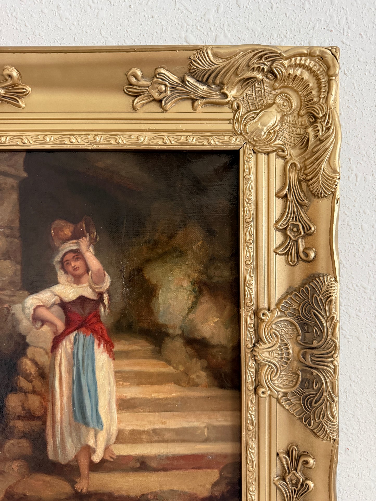 Antique Italian Oil Painting Peasant Woman Portrait 19th C. Signed Genre Art
