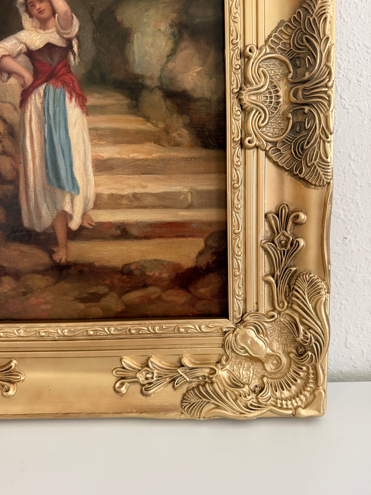 Antique Italian Oil Painting Peasant Woman Portrait 19th C. Signed Genre Art