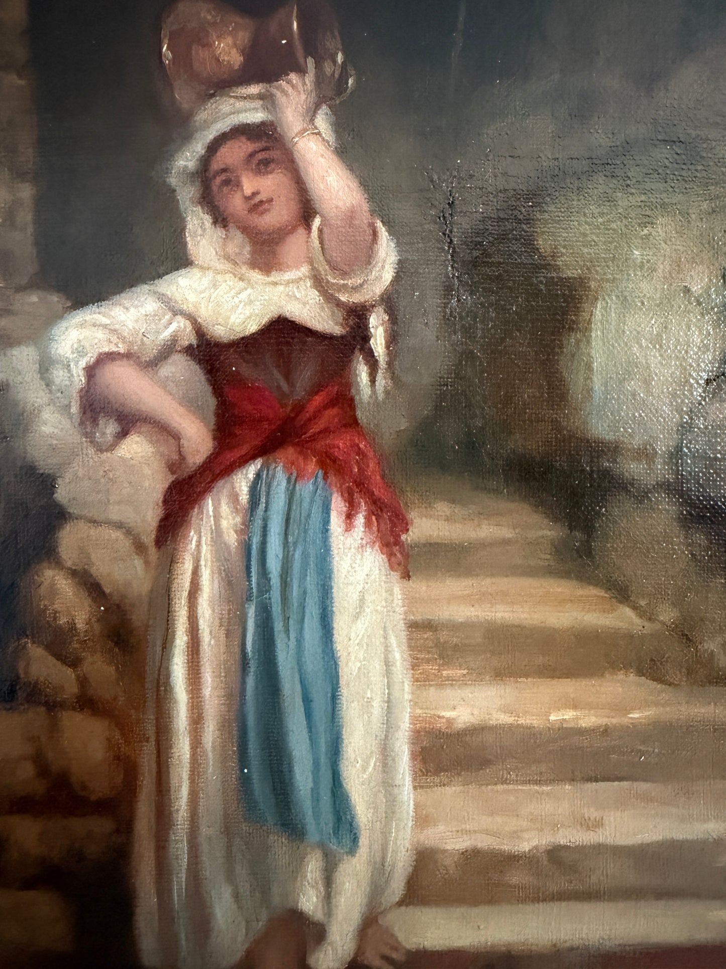 Antique Italian Oil Painting Peasant Woman Portrait 19th C. Signed Genre Art