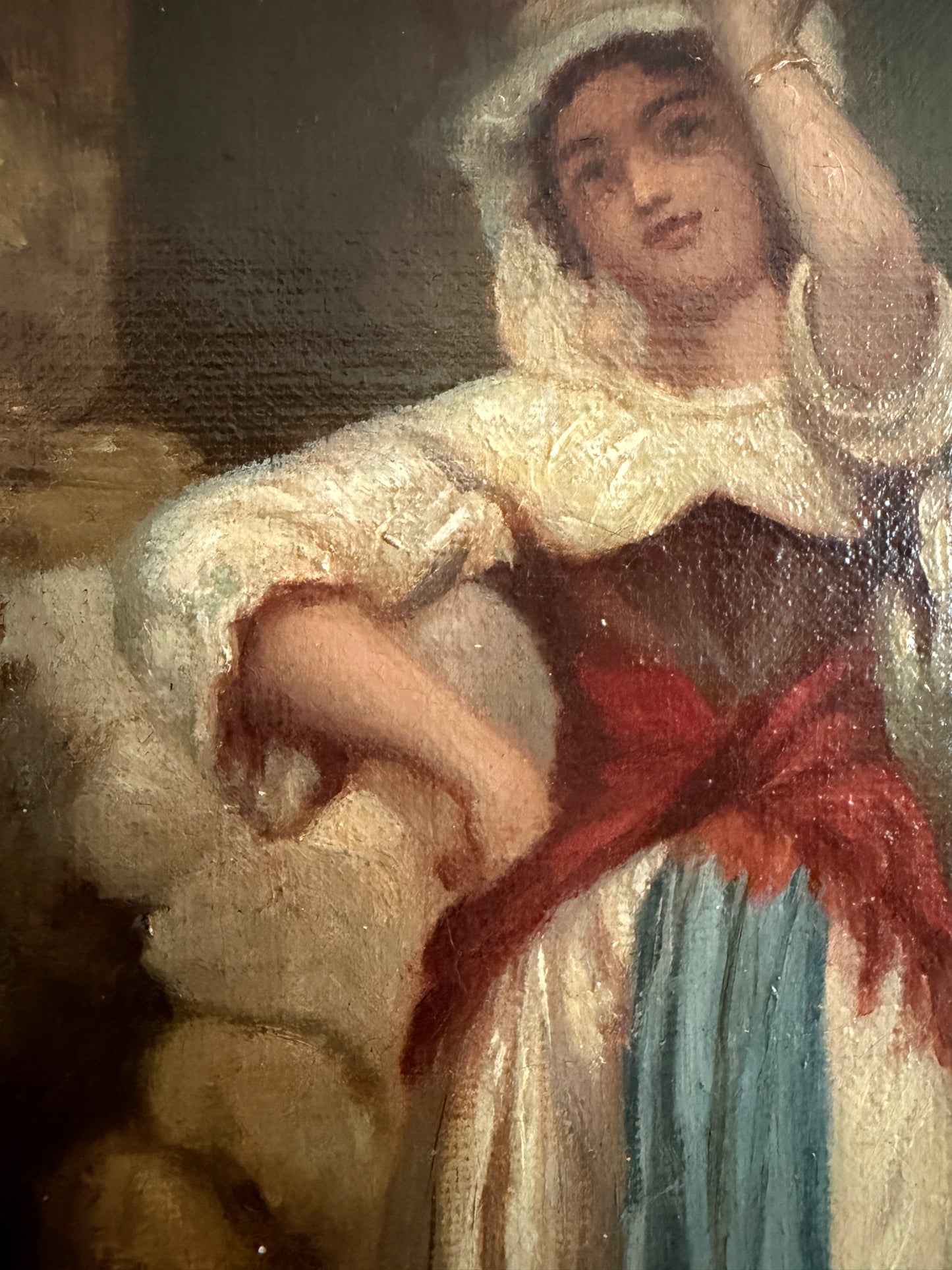 Antique Italian Oil Painting Peasant Woman Portrait 19th C. Signed Genre Art