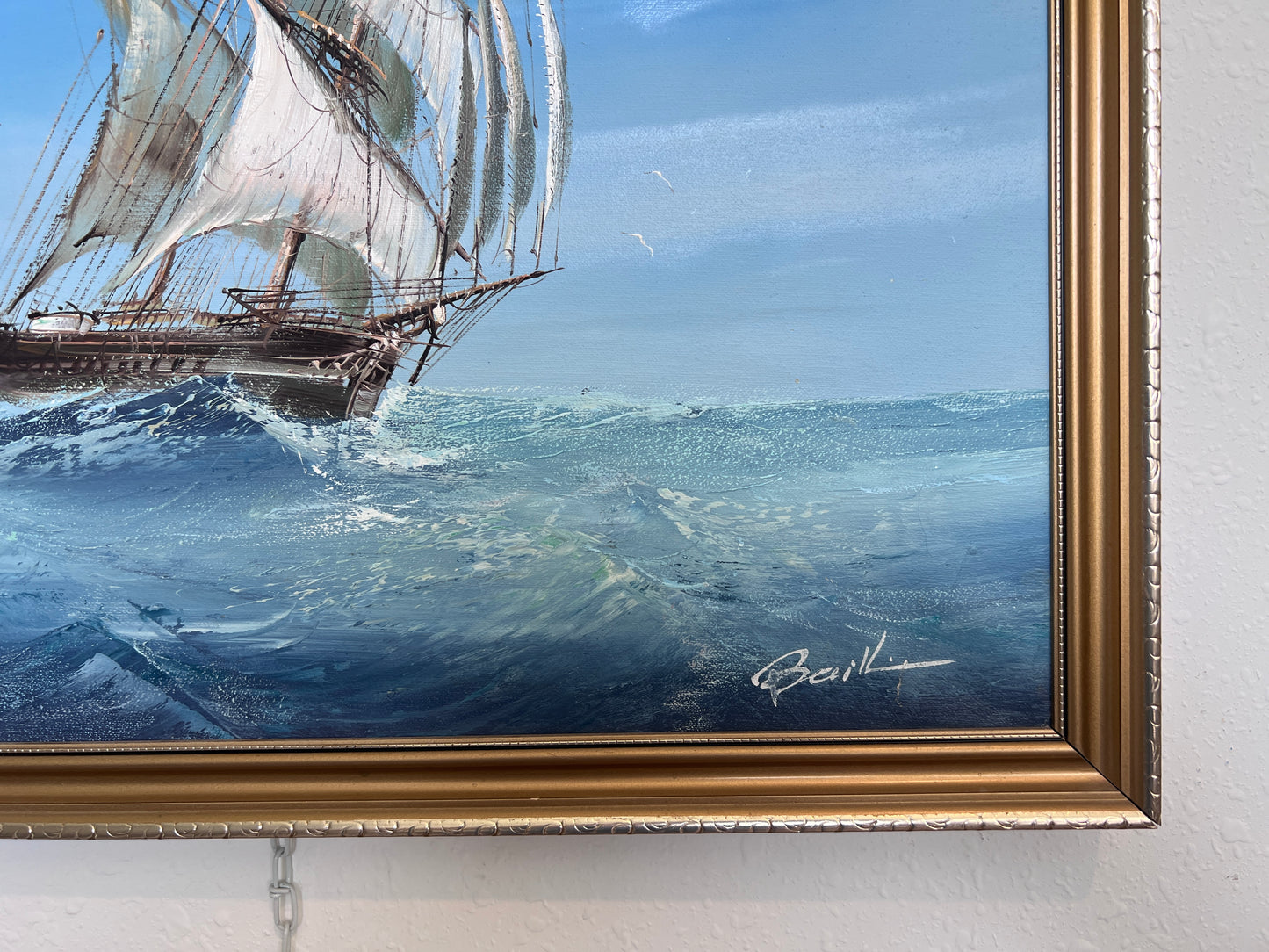 Sailing Ship Seascape by Baill – Original Oil Painting on Canvas, Framed