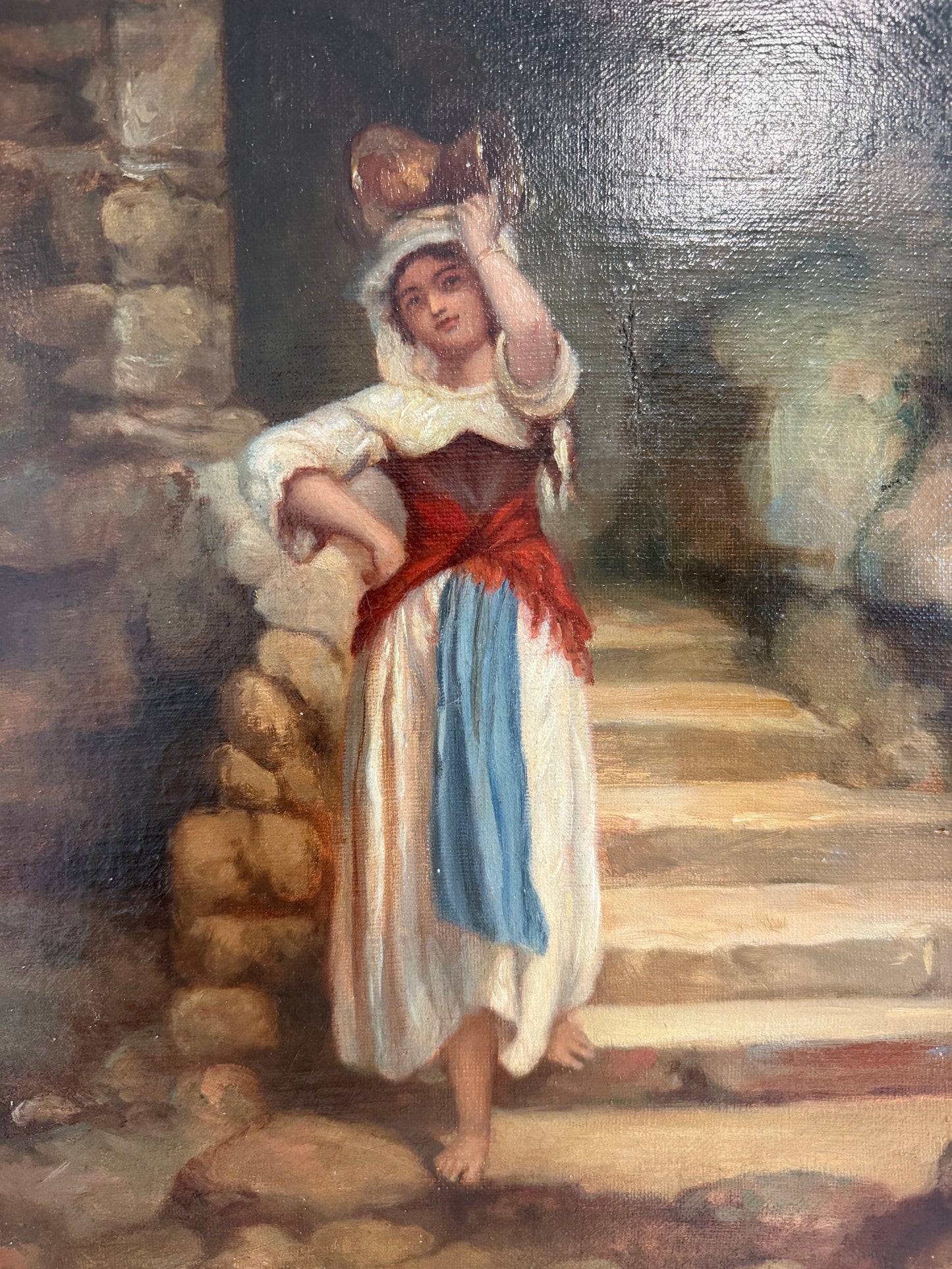 Antique Italian Oil Painting Peasant Woman Portrait 19th C. Signed Genre Art