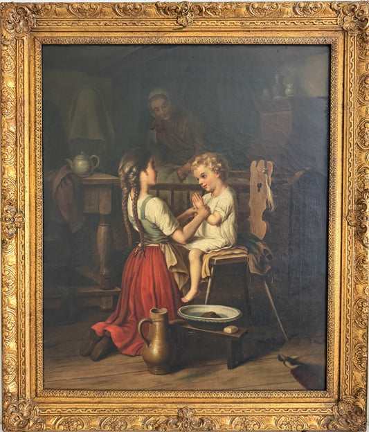 Large Antique European Oil Painting 19th Century Interior Genre Scene Children