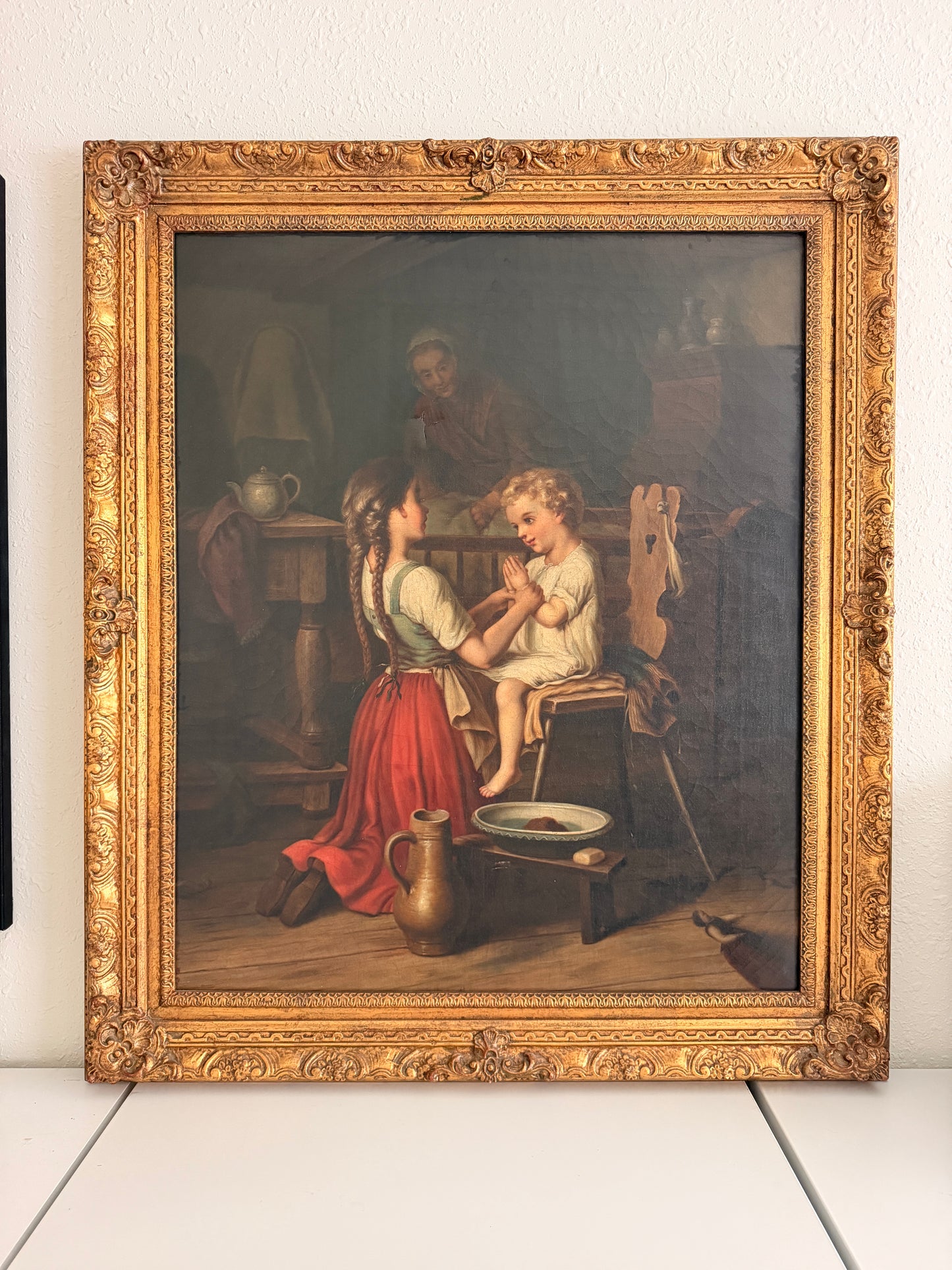 Large Antique European Oil Painting 19th Century Interior Genre Scene Children