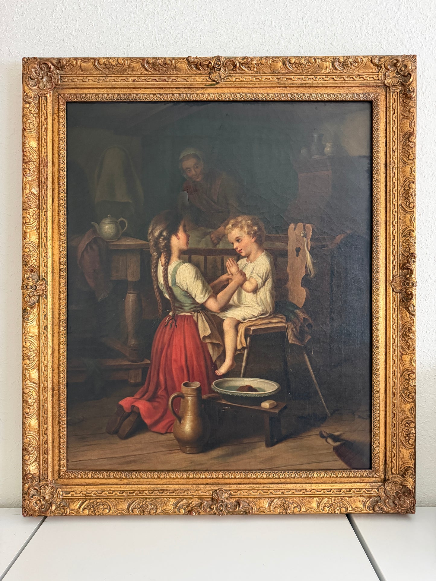 Large Antique European Oil Painting 19th Century Interior Genre Scene Children