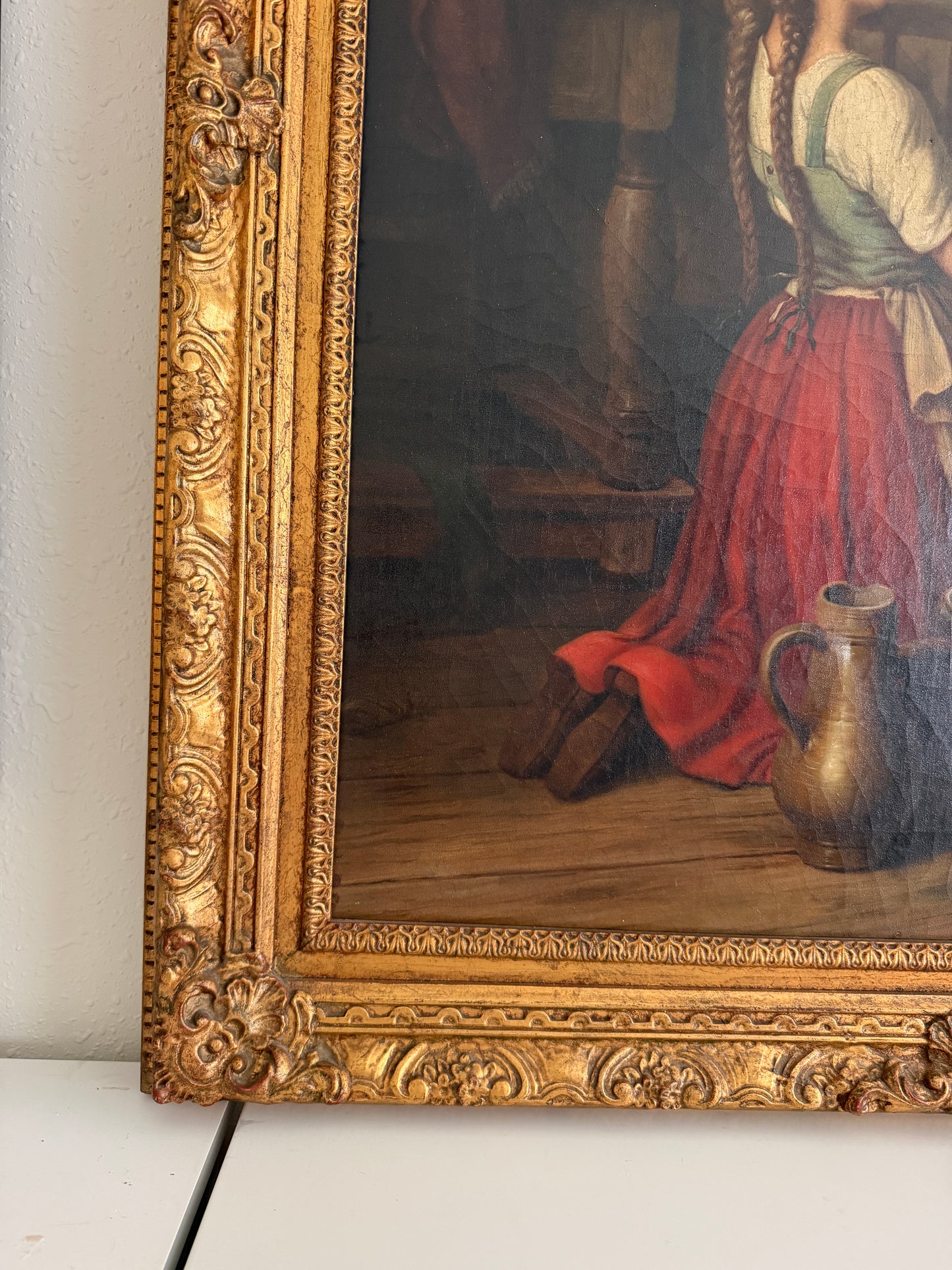 Large Antique European Oil Painting 19th Century Interior Genre Scene Children