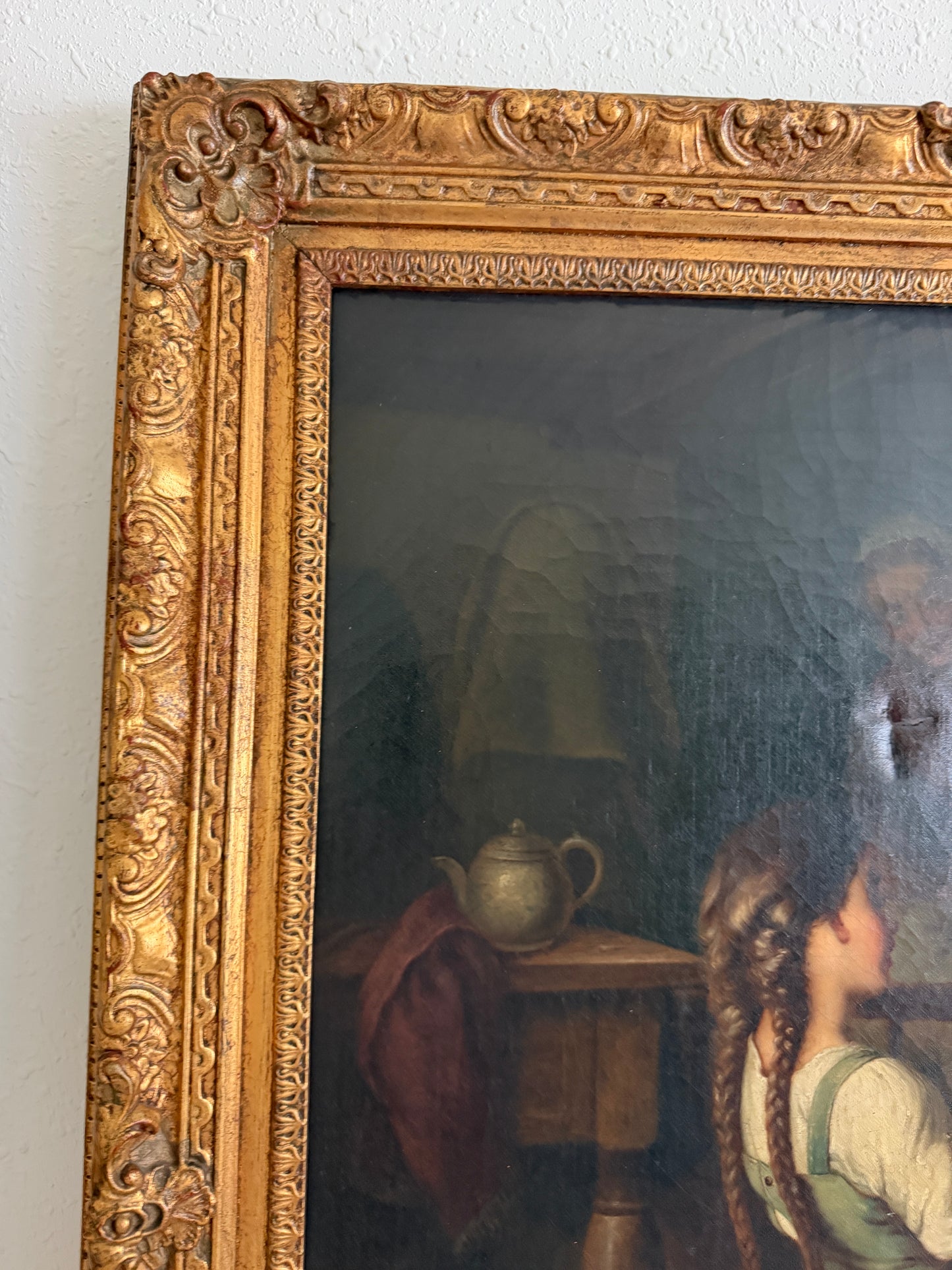 Large Antique European Oil Painting 19th Century Interior Genre Scene Children