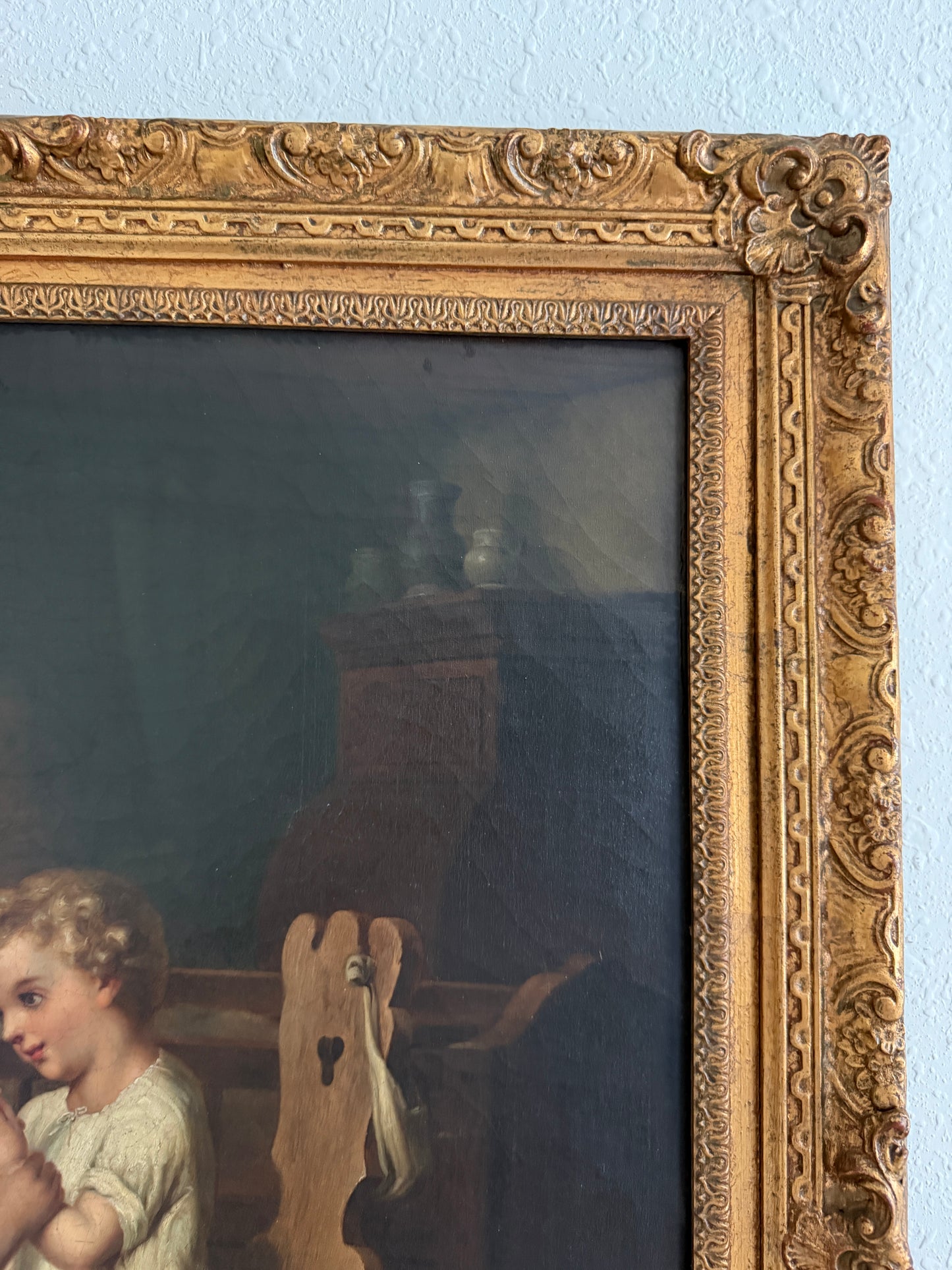 Large Antique European Oil Painting 19th Century Interior Genre Scene Children