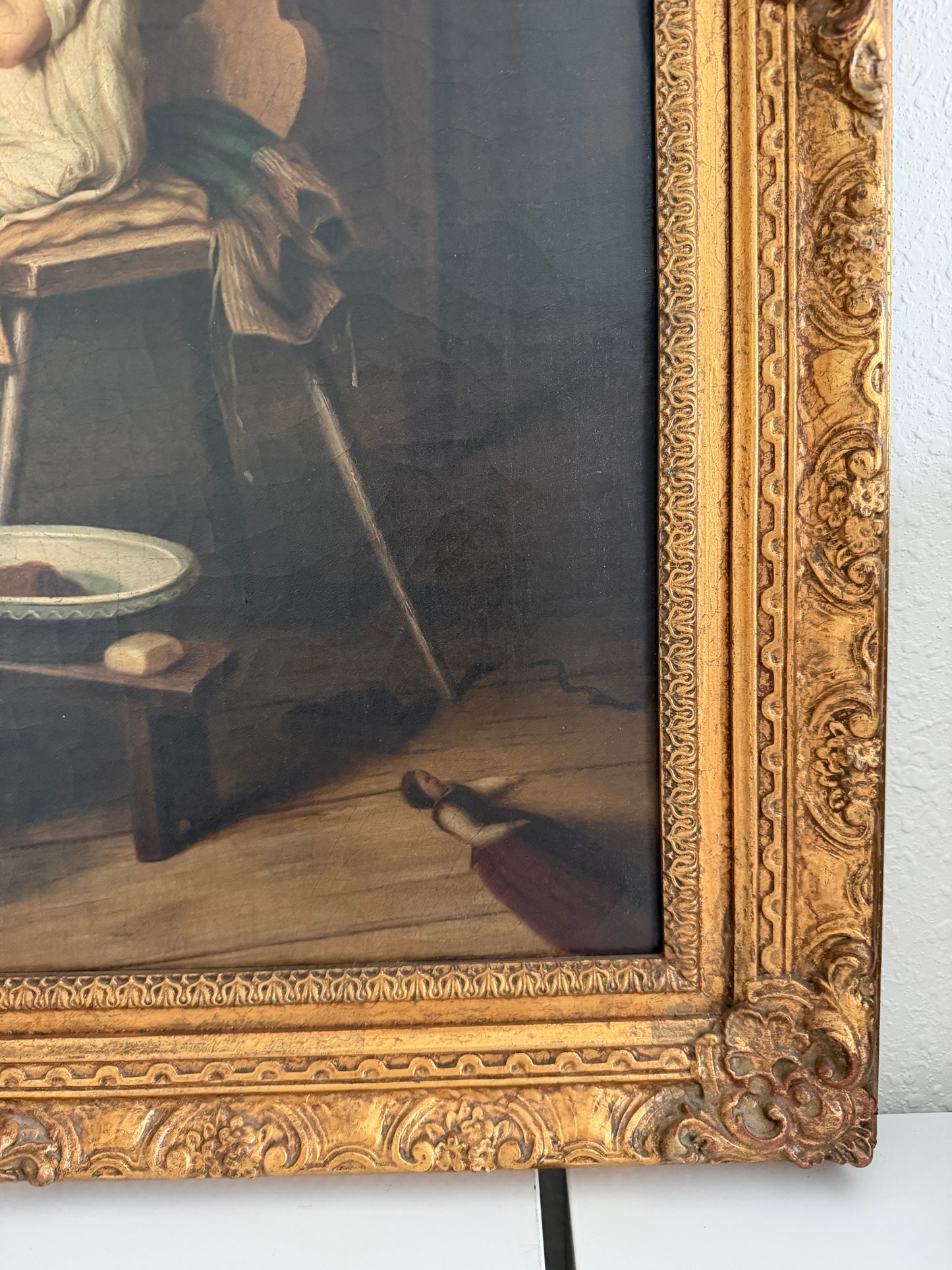 Large Antique European Oil Painting 19th Century Interior Genre Scene Children