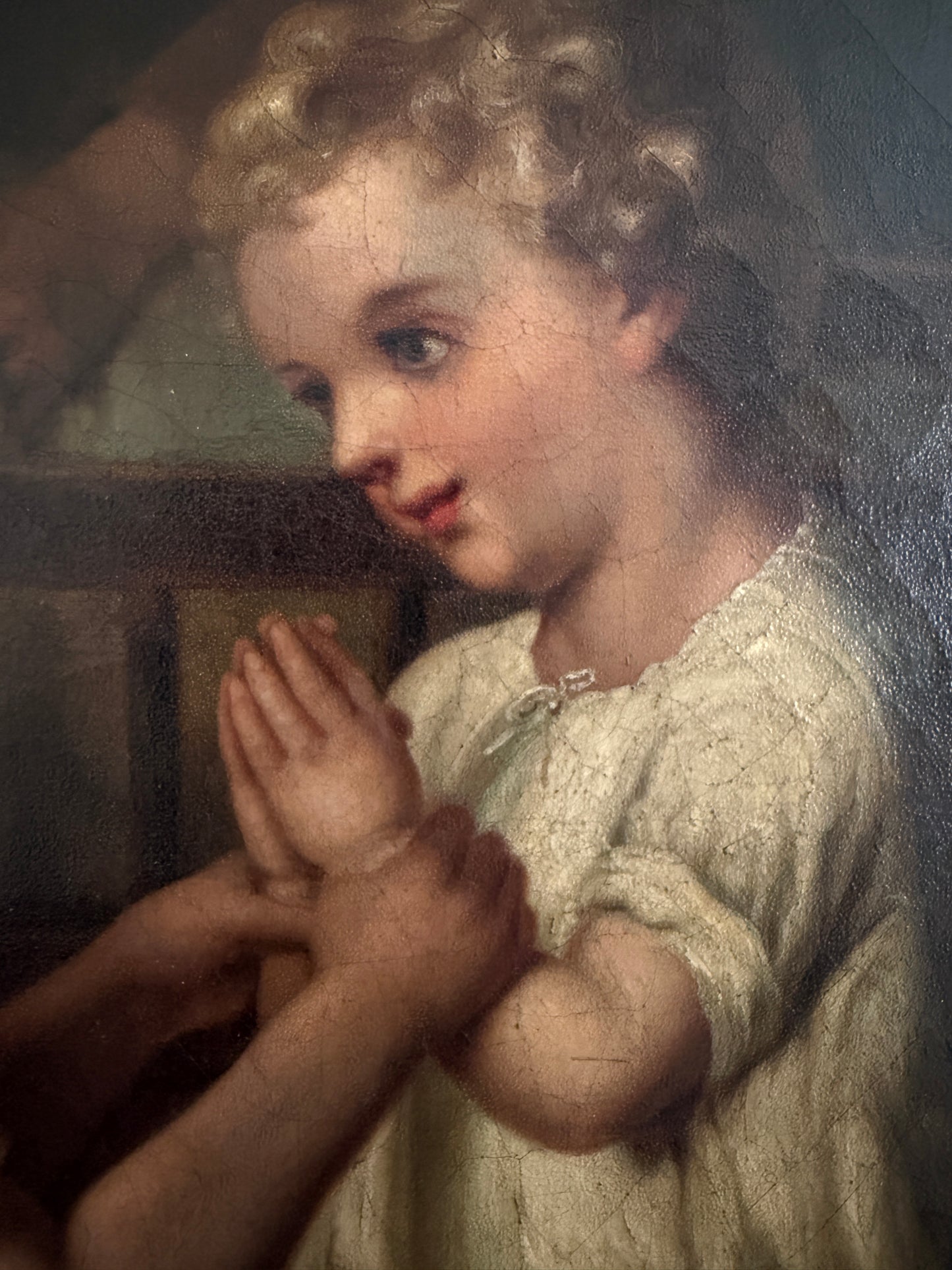 Large Antique European Oil Painting 19th Century Interior Genre Scene Children