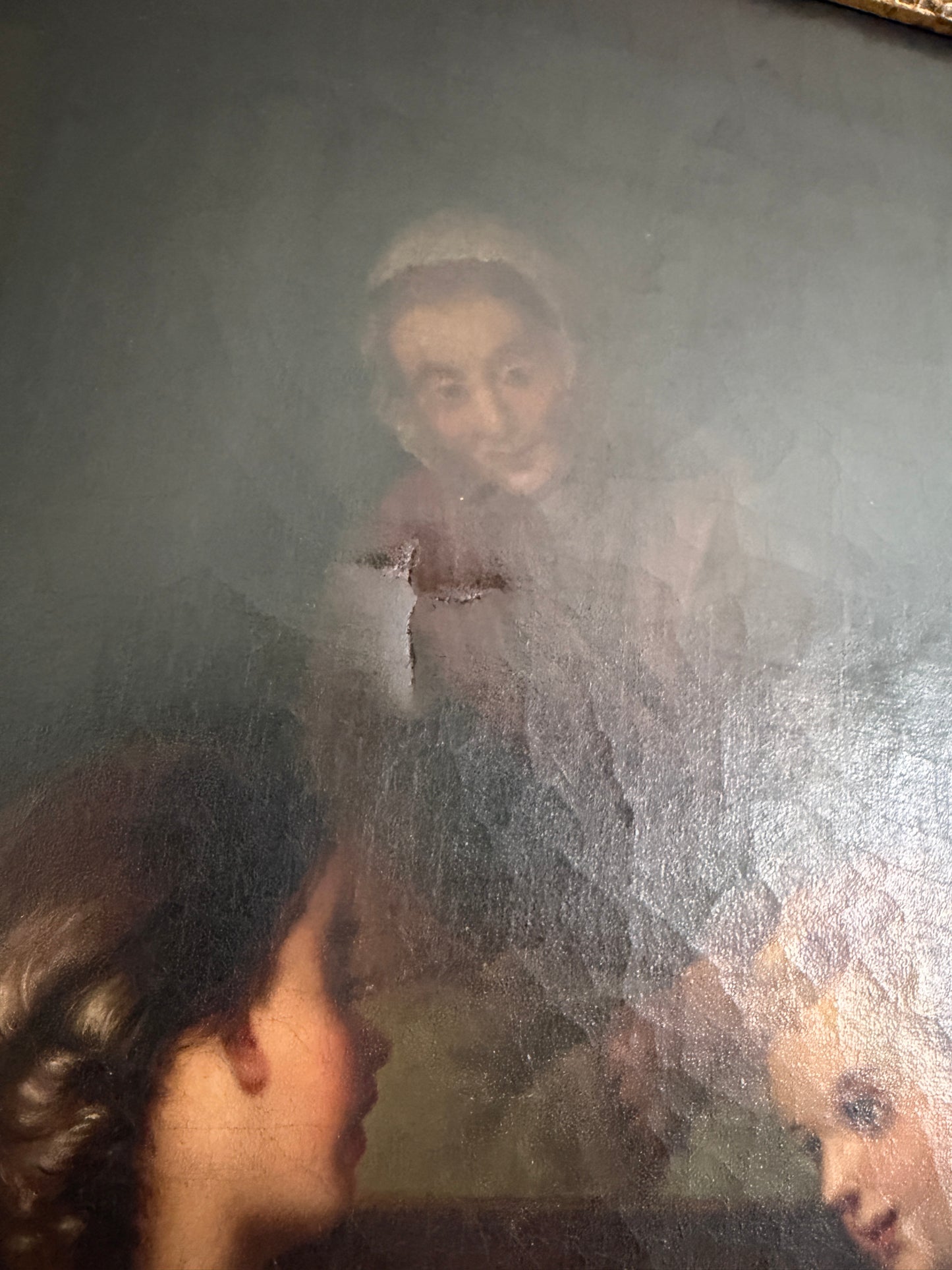 Large Antique European Oil Painting 19th Century Interior Genre Scene Children