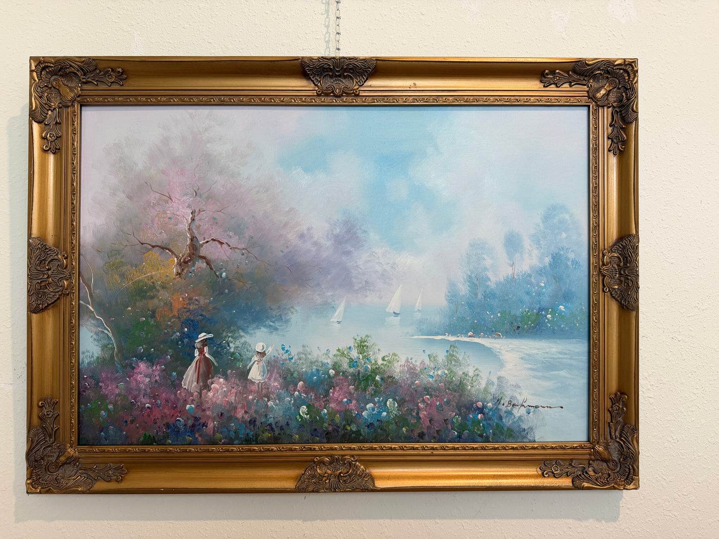 Large Impressionist Landscape Oil Painting Signed Bachmann Lakeside Garden