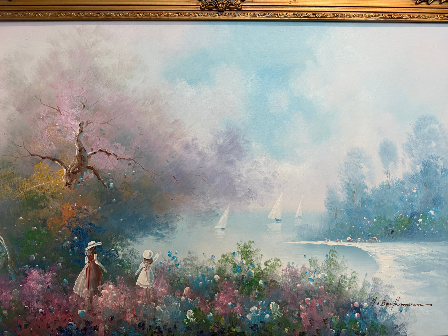 Large Impressionist Landscape Oil Painting Signed Bachmann Lakeside Garden