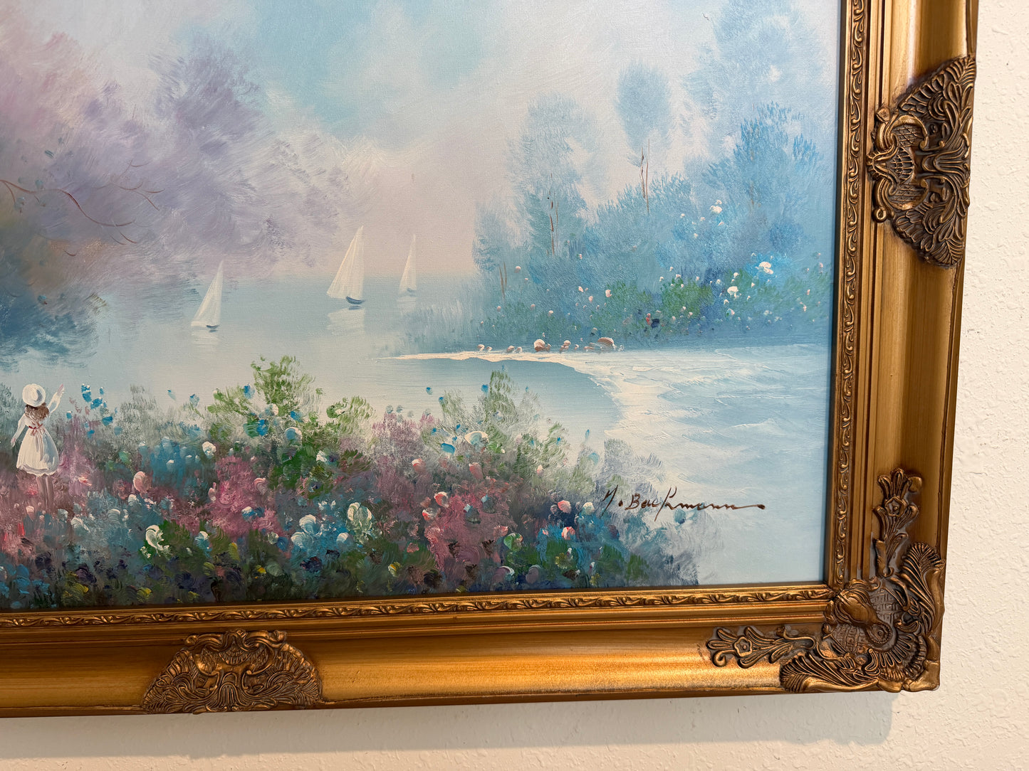 Large Impressionist Landscape Oil Painting Signed Bachmann Lakeside Garden