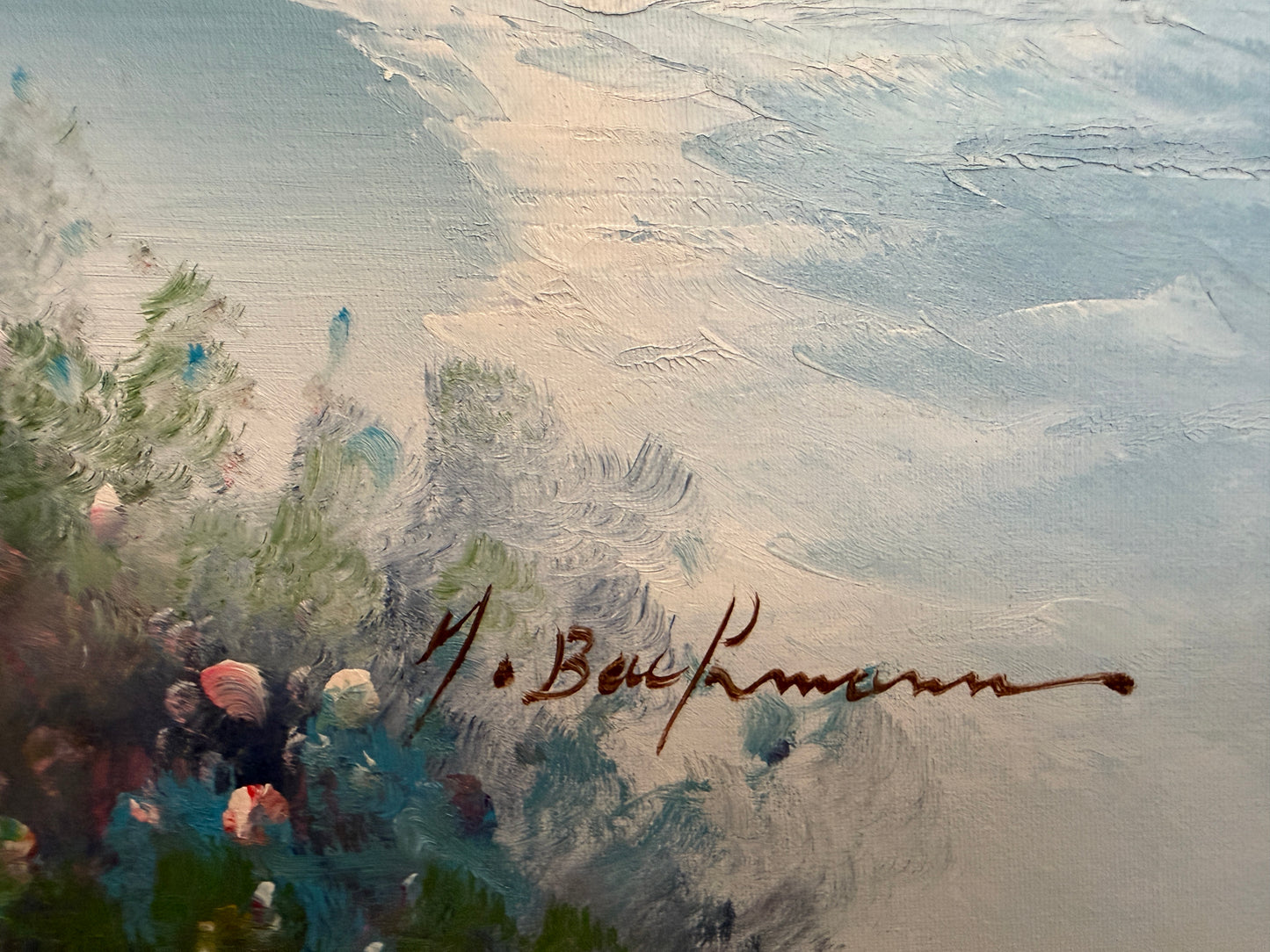 Large Impressionist Landscape Oil Painting Signed Bachmann Lakeside Garden