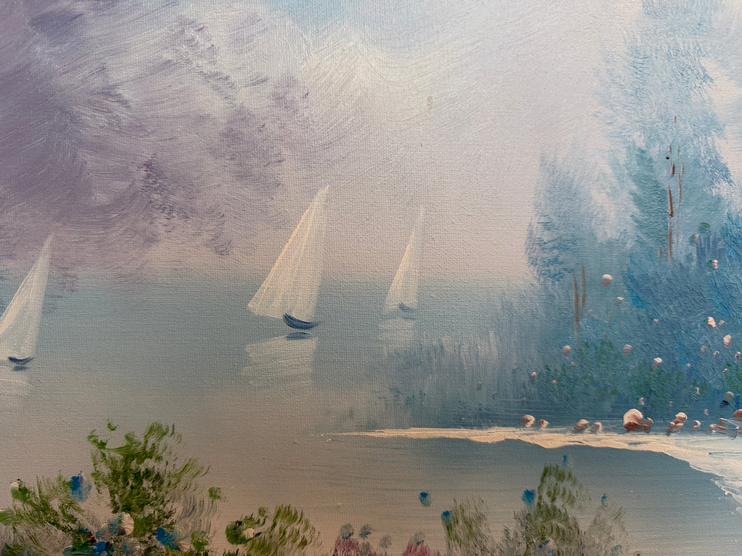 Large Impressionist Landscape Oil Painting Signed Bachmann Lakeside Garden