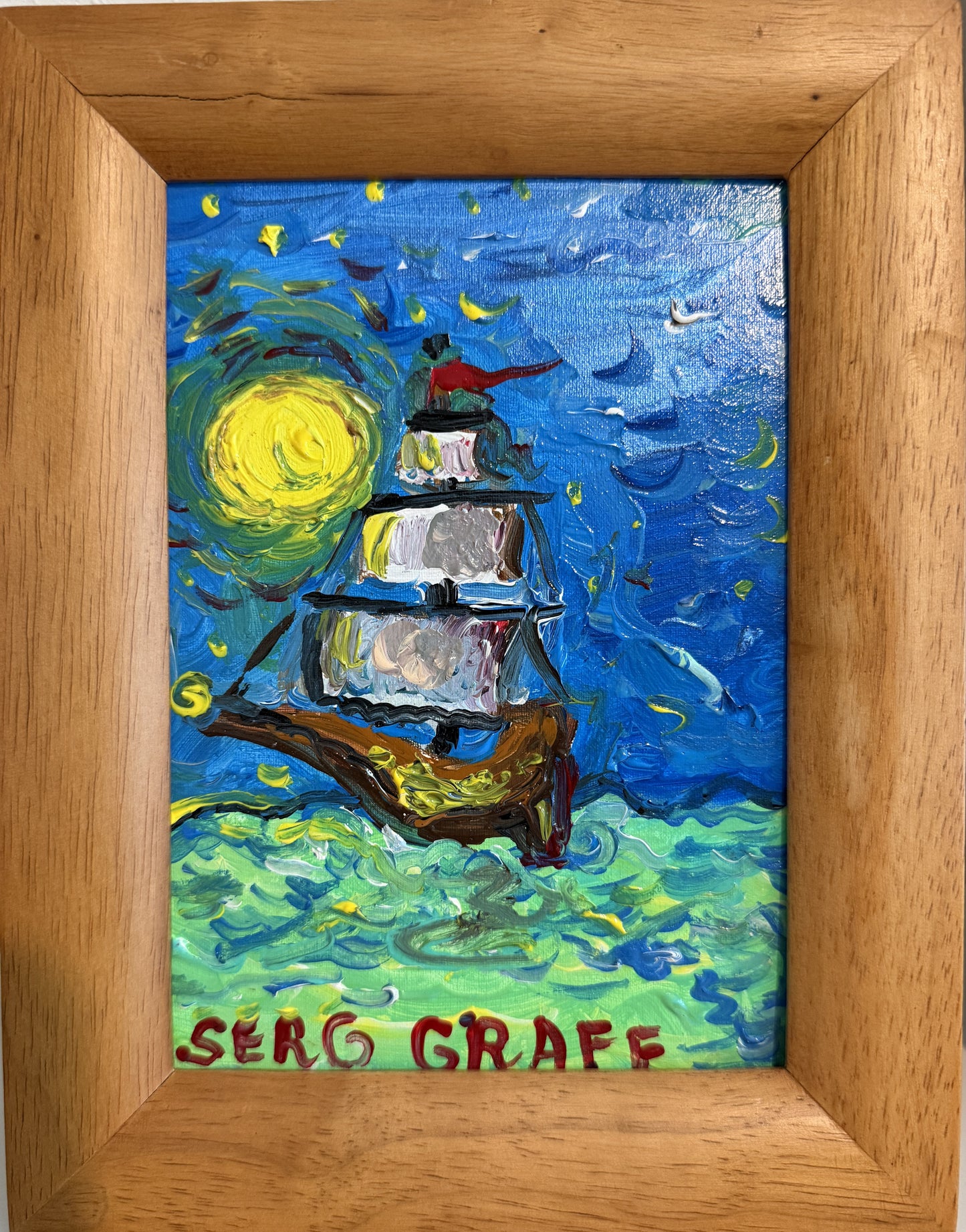 Serg Graff "Luna Maris" Seascape Acrylic Painting Moonlit Ship Nautical Art