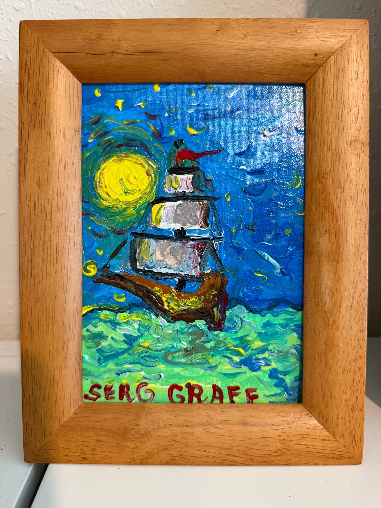 Serg Graff "Luna Maris" Seascape Acrylic Painting Moonlit Ship Nautical Art
