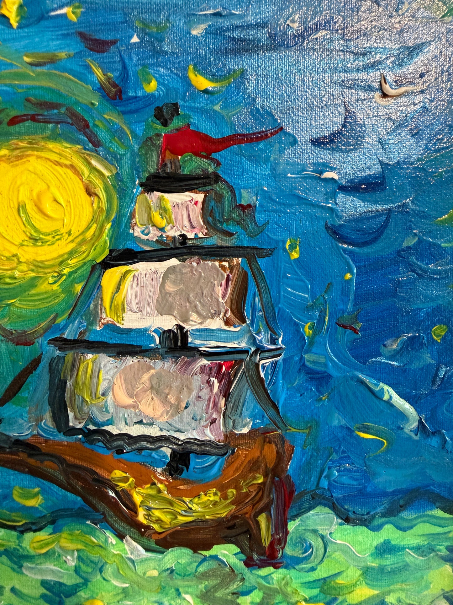 Serg Graff "Luna Maris" Seascape Acrylic Painting Moonlit Ship Nautical Art