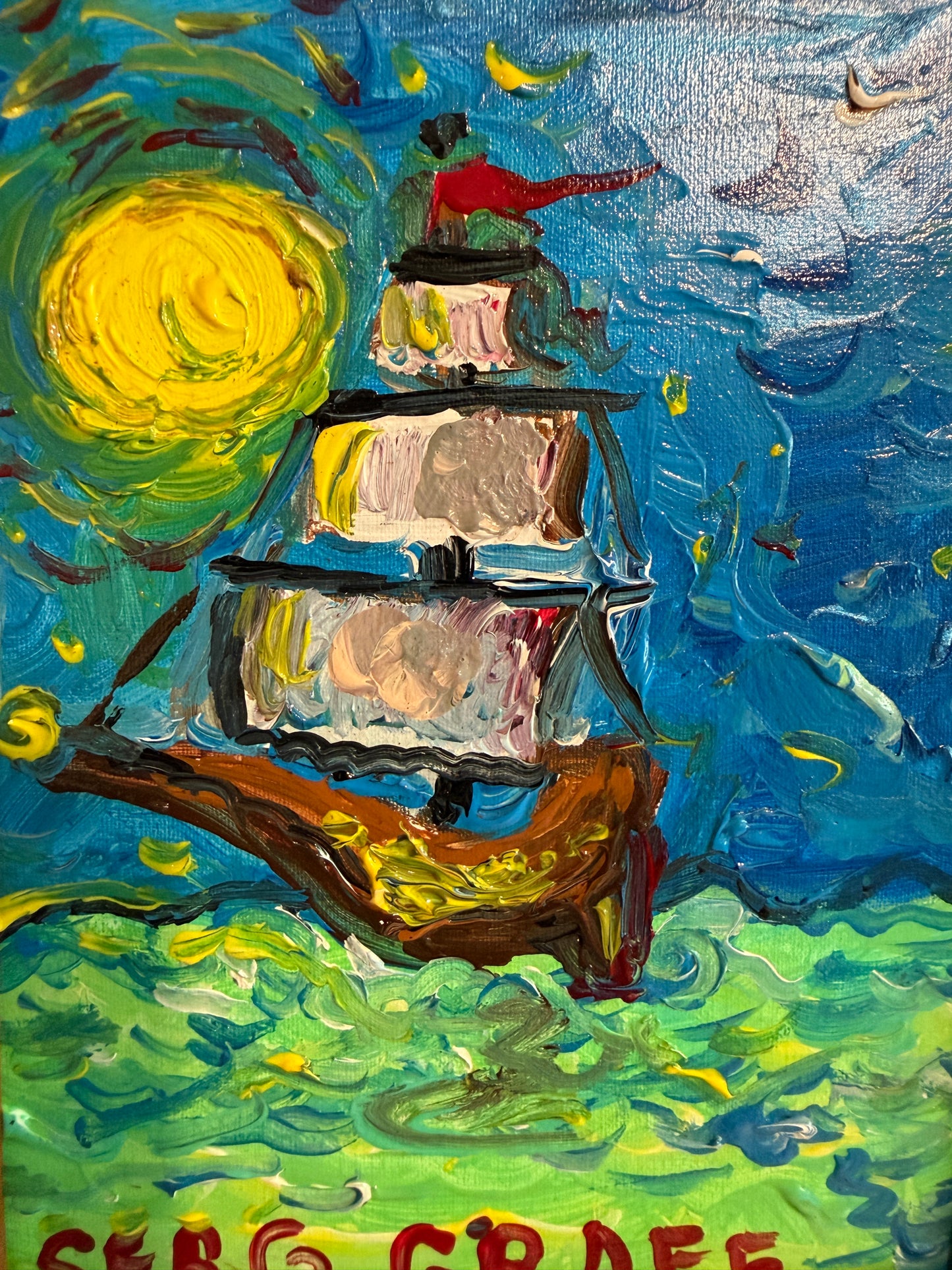 Serg Graff "Luna Maris" Seascape Acrylic Painting Moonlit Ship Nautical Art