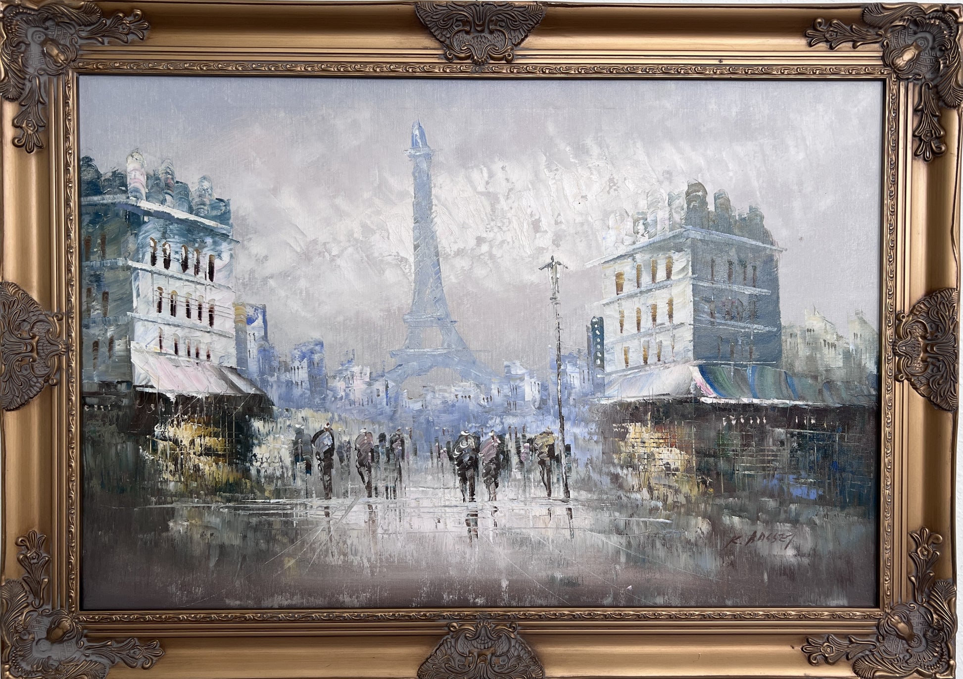 Original oil painting on canvas France, Paris, Eiffel Tower, K. Basset, Framed
