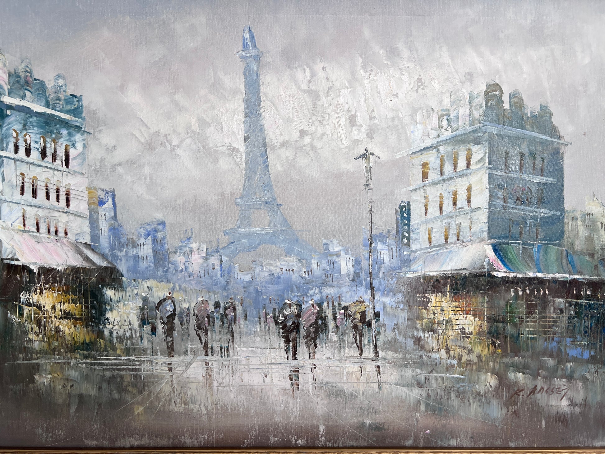 Original oil painting on canvas France, Paris, Eiffel Tower, K. Basset, Framed
