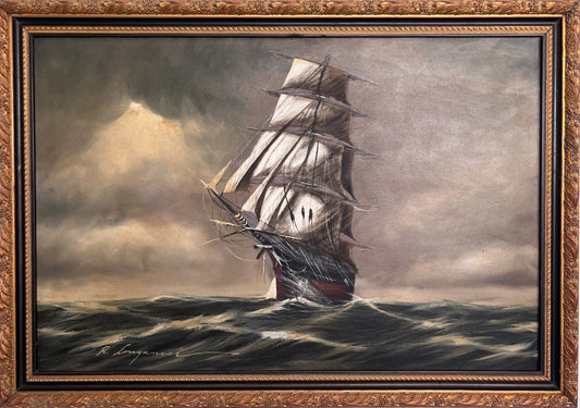Renato Longanesi - Original Vintage Oil Painting Clipper Ship Stormy Sea Framed
