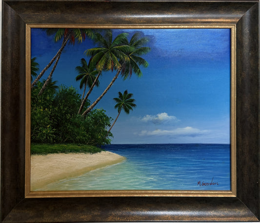 Tropical Beach Oil Painting Signed M Gordon, Palm Tree Seascape, Caribbean Coast