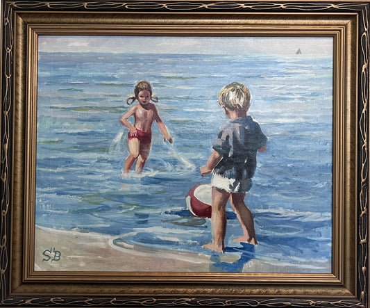 Charming Vintage Seaside Oil Painting of Children Playing — Signed SB, Framed