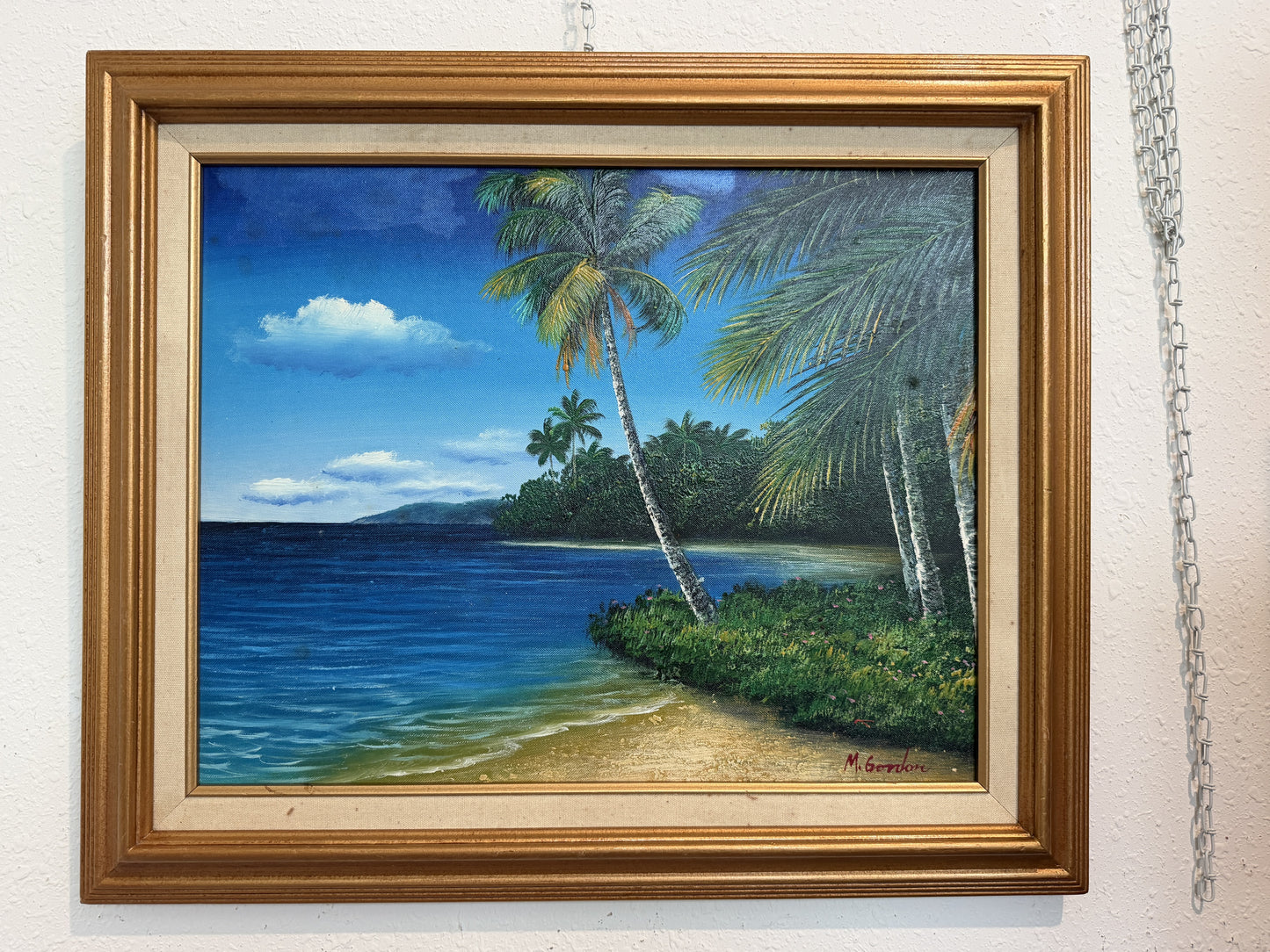Tropical Beach Oil Painting Signed M Gordon, Palm Tree Seascape, Caribbean Coast