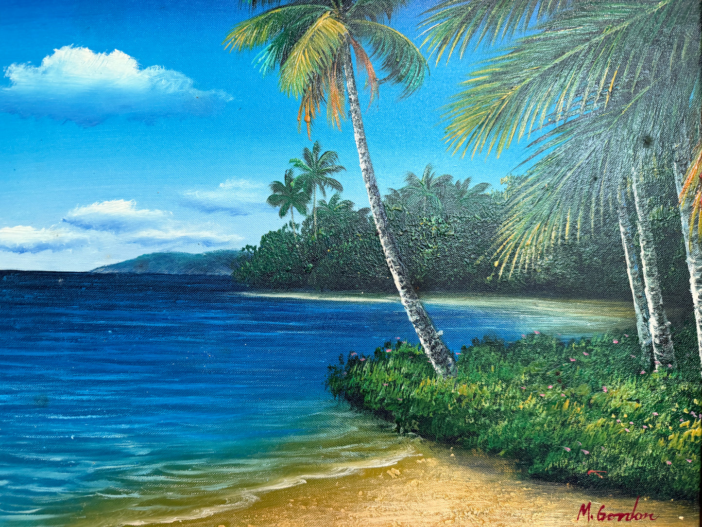 Tropical Beach Oil Painting Signed M Gordon, Palm Tree Seascape, Caribbean Coast