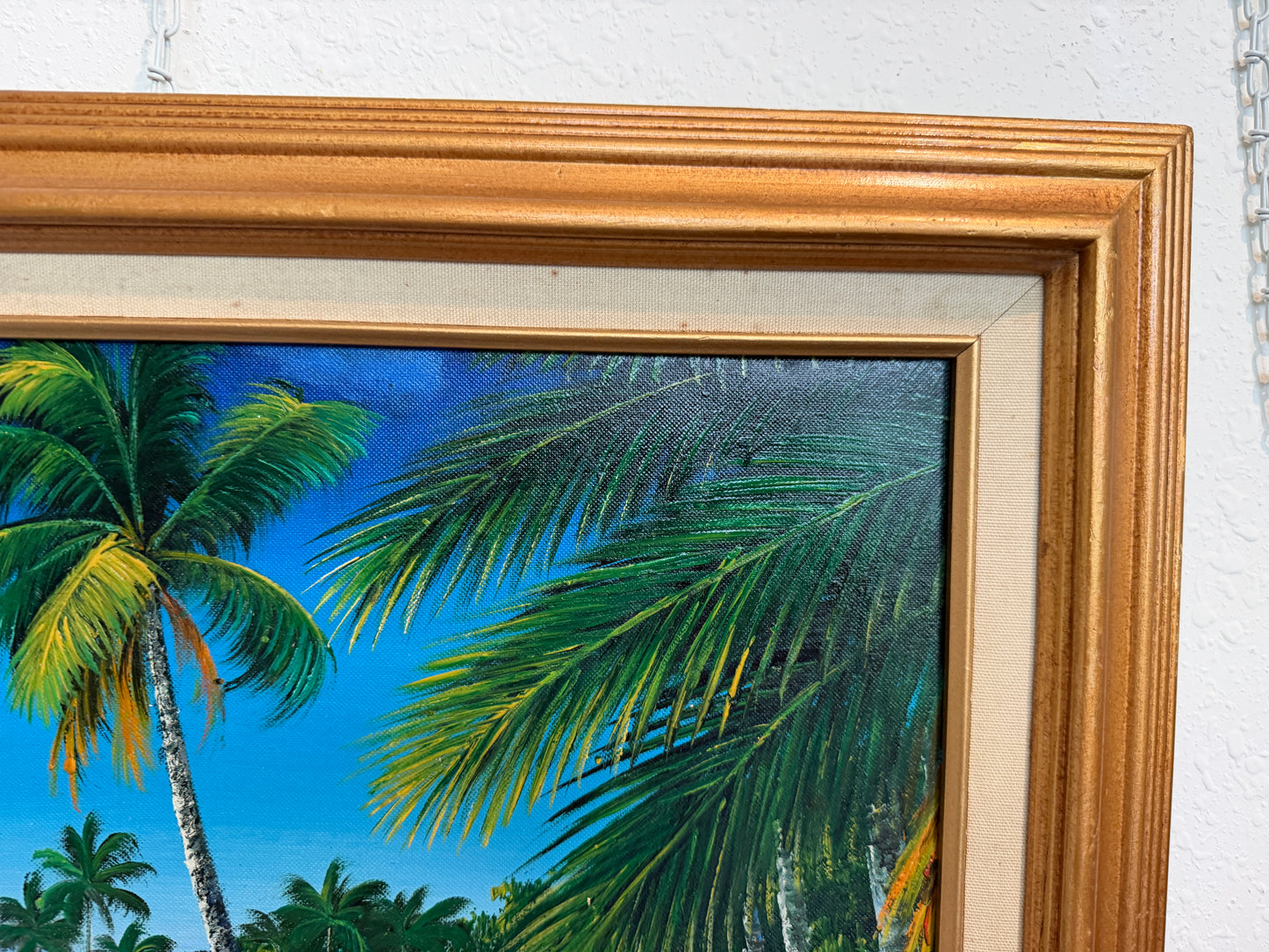 Tropical Beach Oil Painting Signed M Gordon, Palm Tree Seascape, Caribbean Coast