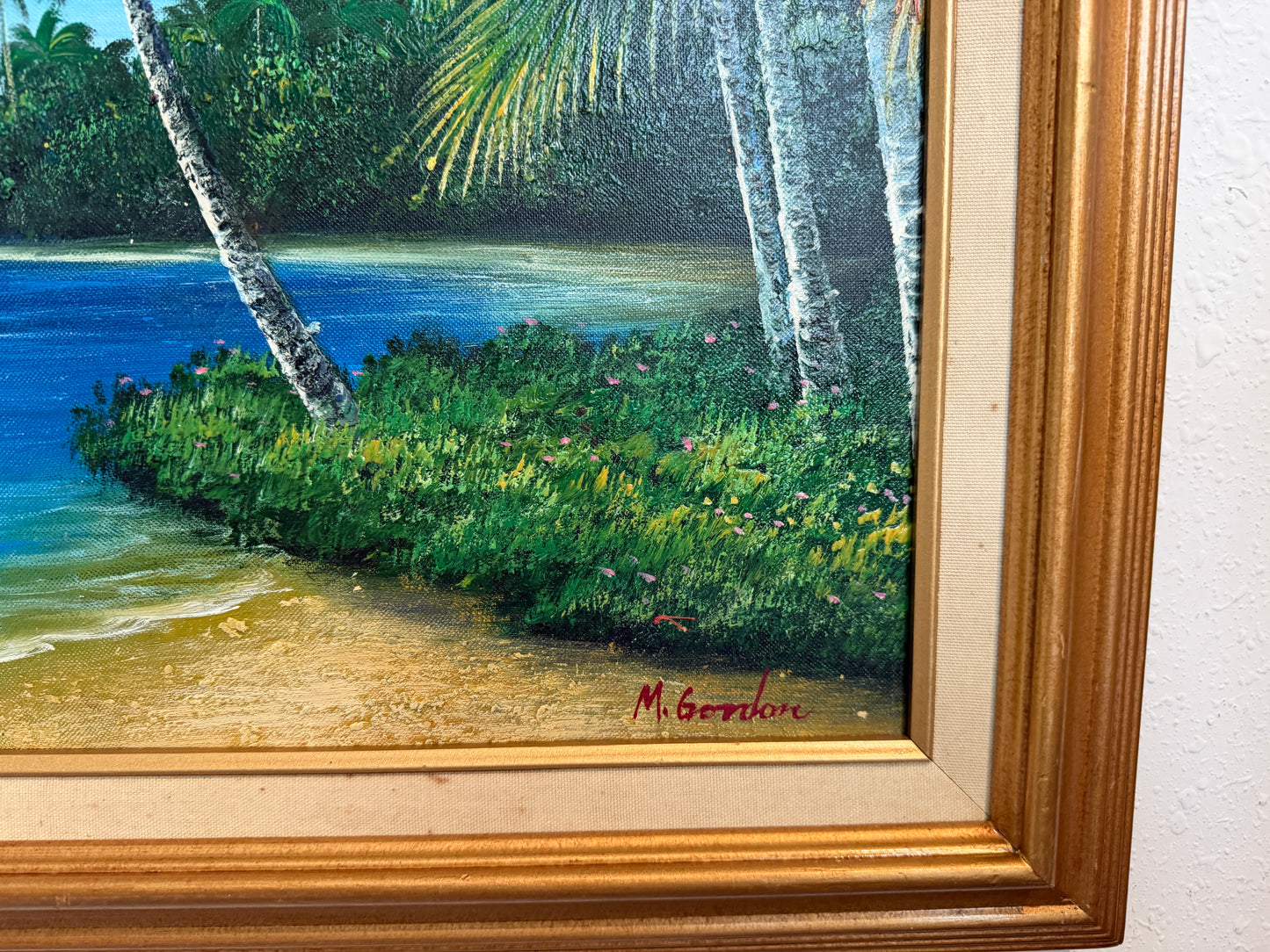 Tropical Beach Oil Painting Signed M Gordon, Palm Tree Seascape, Caribbean Coast