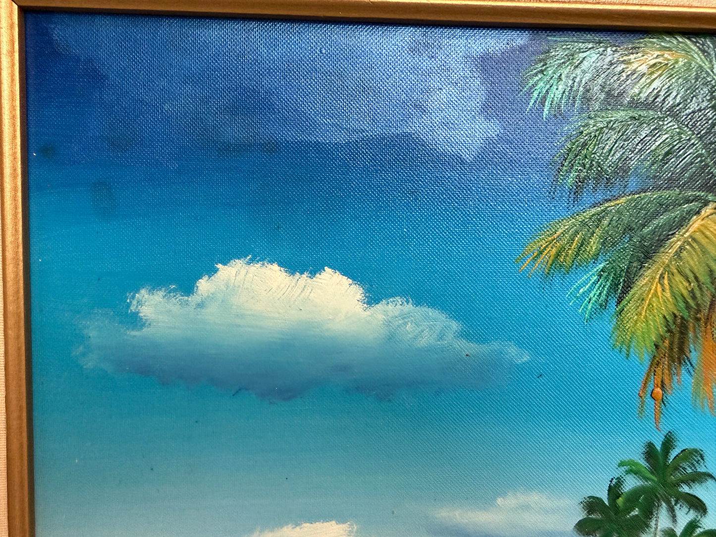 Tropical Beach Oil Painting Signed M Gordon, Palm Tree Seascape, Caribbean Coast